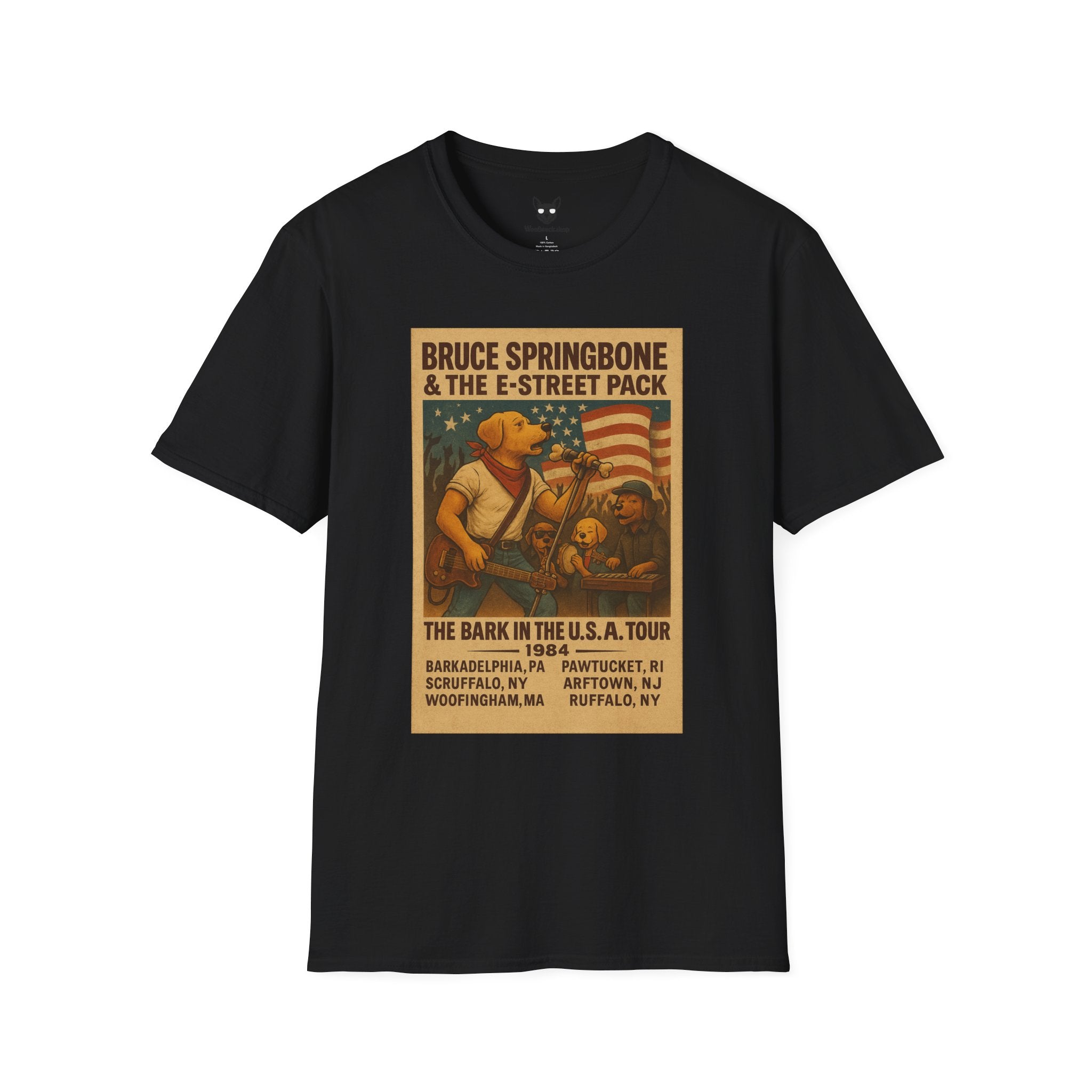 Bruce Springsteen Concert Poster Dog Parody Unisex Softstyle T-Shirt -- Funny Rock Tee for Music and Dog Lovers